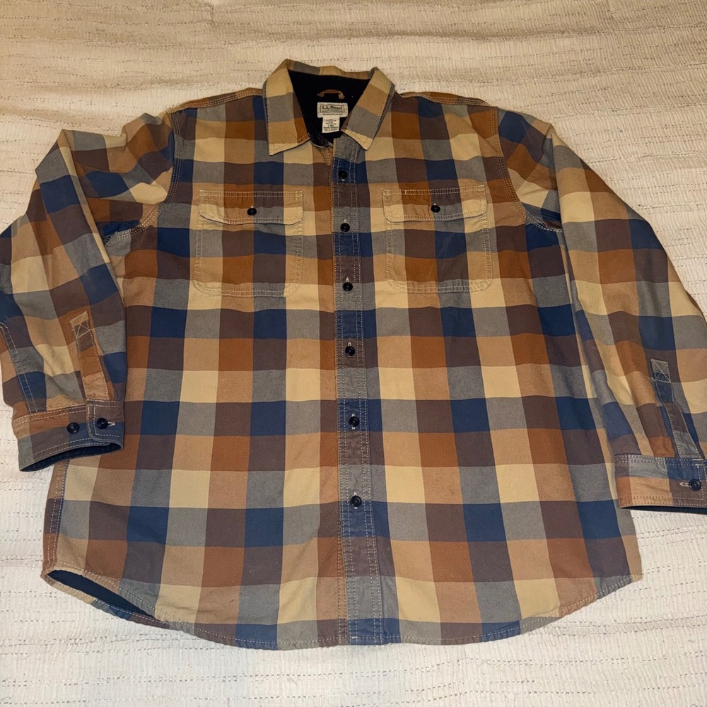 LL Bean Mens Flannel Lined Plaid Work Shirt Brown Blue Large